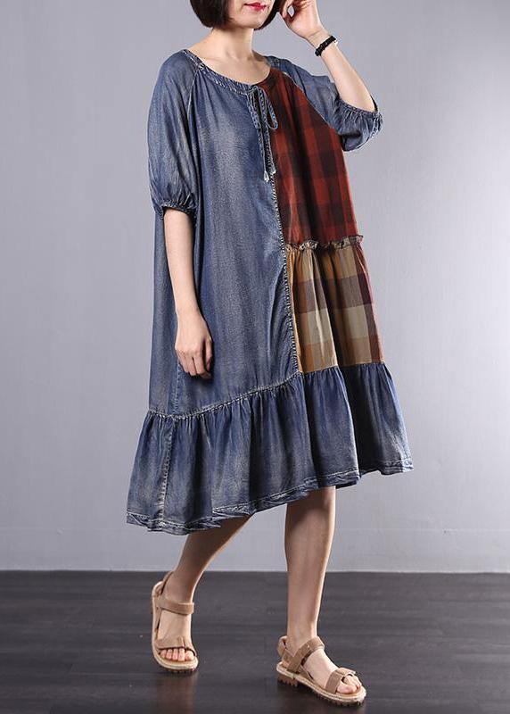 Women Cotton Tunics Indian Vintage Plaid Spliced Denim A-Line Dress - SooLinen