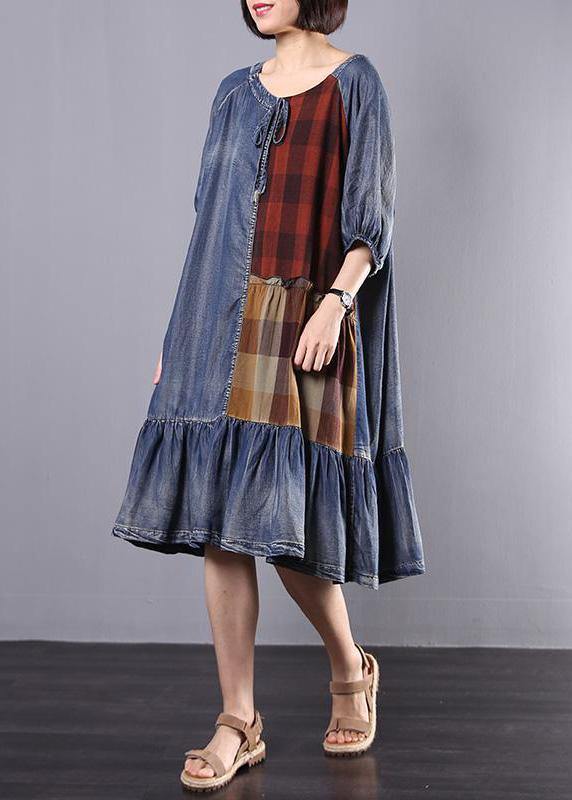 Women Cotton Tunics Indian Vintage Plaid Spliced Denim A-Line Dress - SooLinen