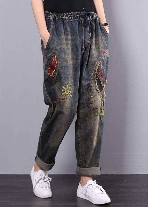 Women Cotton Vintage Embroidered Elastic Waist Casual Jeans - SooLinen