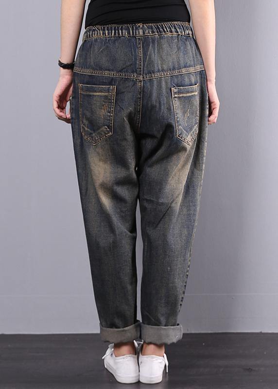 Women Cotton Vintage Embroidered Elastic Waist Casual Jeans - SooLinen