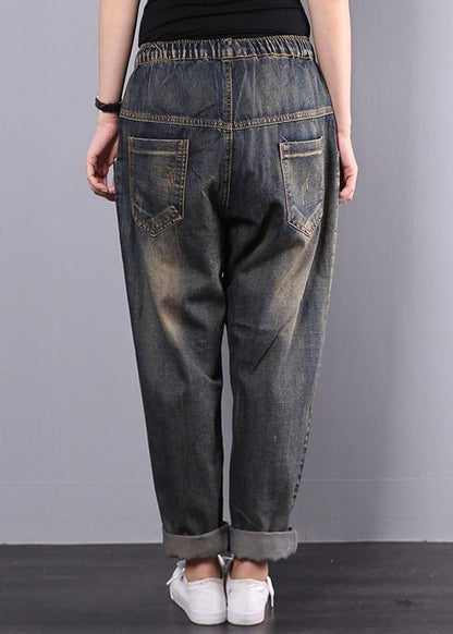 Women Cotton Vintage Embroidered Elastic Waist Casual Jeans - SooLinen