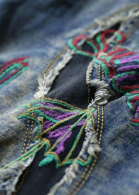 Women Cotton Vintage Embroidered Elastic Waist Casual Jeans - SooLinen