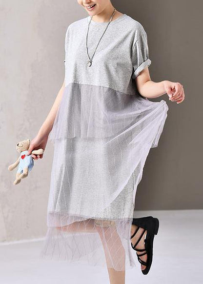 Women Cotton outfit Fashion Cotton Round Neck Short Sleeve Lace Dress - SooLinen