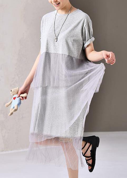 Women Cotton outfit Fashion Cotton Round Neck Short Sleeve Lace Dress - SooLinen