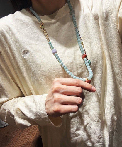 Collar tipo suéter con borlas y cuentas de ágata turquesa y jade cian para mujer