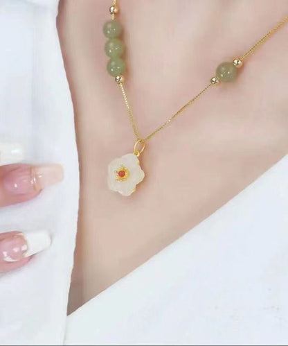 Collar con colgante floral de ágata y jade dorado de plata de ley con conejo cian para mujer