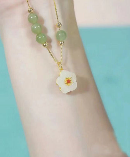 Collar con colgante floral de ágata y jade dorado de plata de ley con conejo cian para mujer