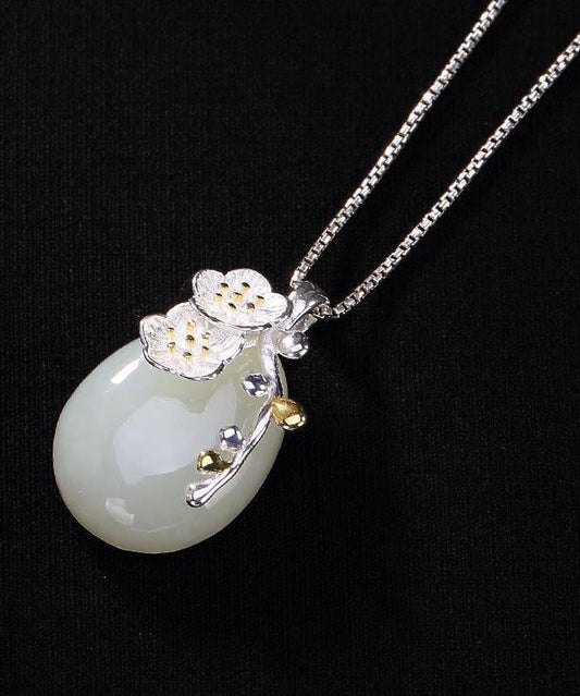 Women Cyan Sterling Silver Jade Water Drop Cherry Blossoms Pendant Necklace