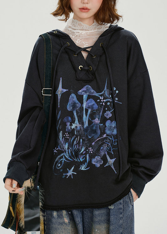 Women Dark Grey Hooded Print Cotton Pullover Sweatshirt Spring