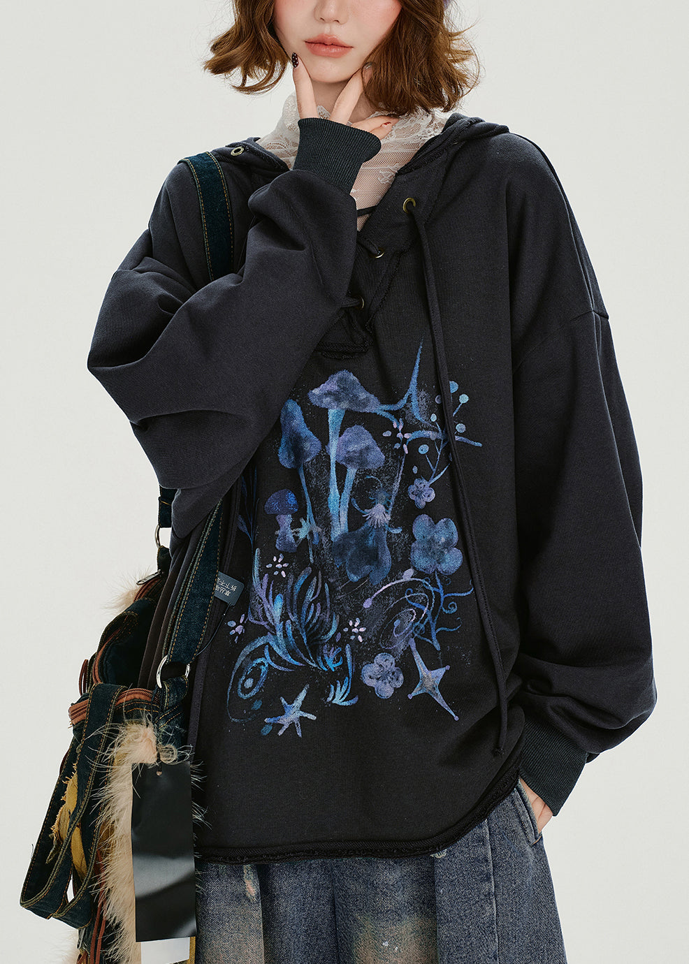 Women Dark Grey Hooded Print Cotton Pullover Sweatshirt Spring