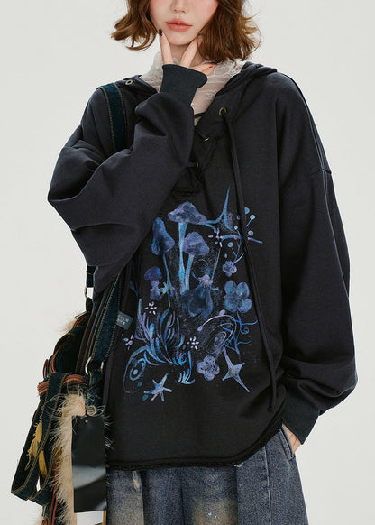 Women Dark Grey Hooded Print Cotton Pullover Sweatshirt Spring