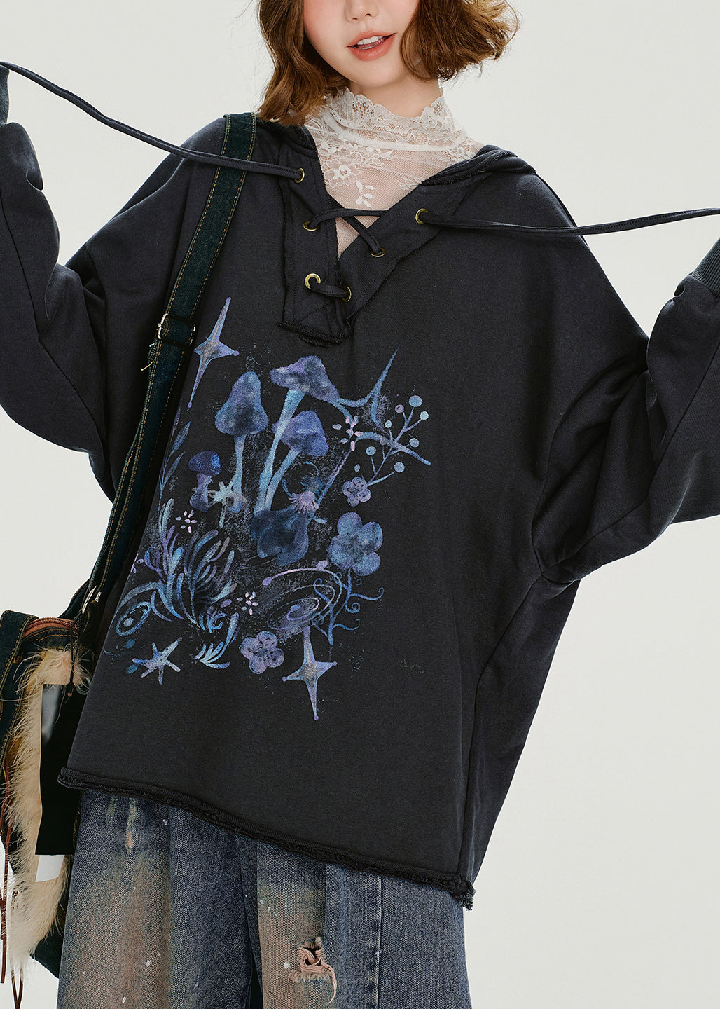 Women Dark Grey Hooded Print Cotton Pullover Sweatshirt Spring