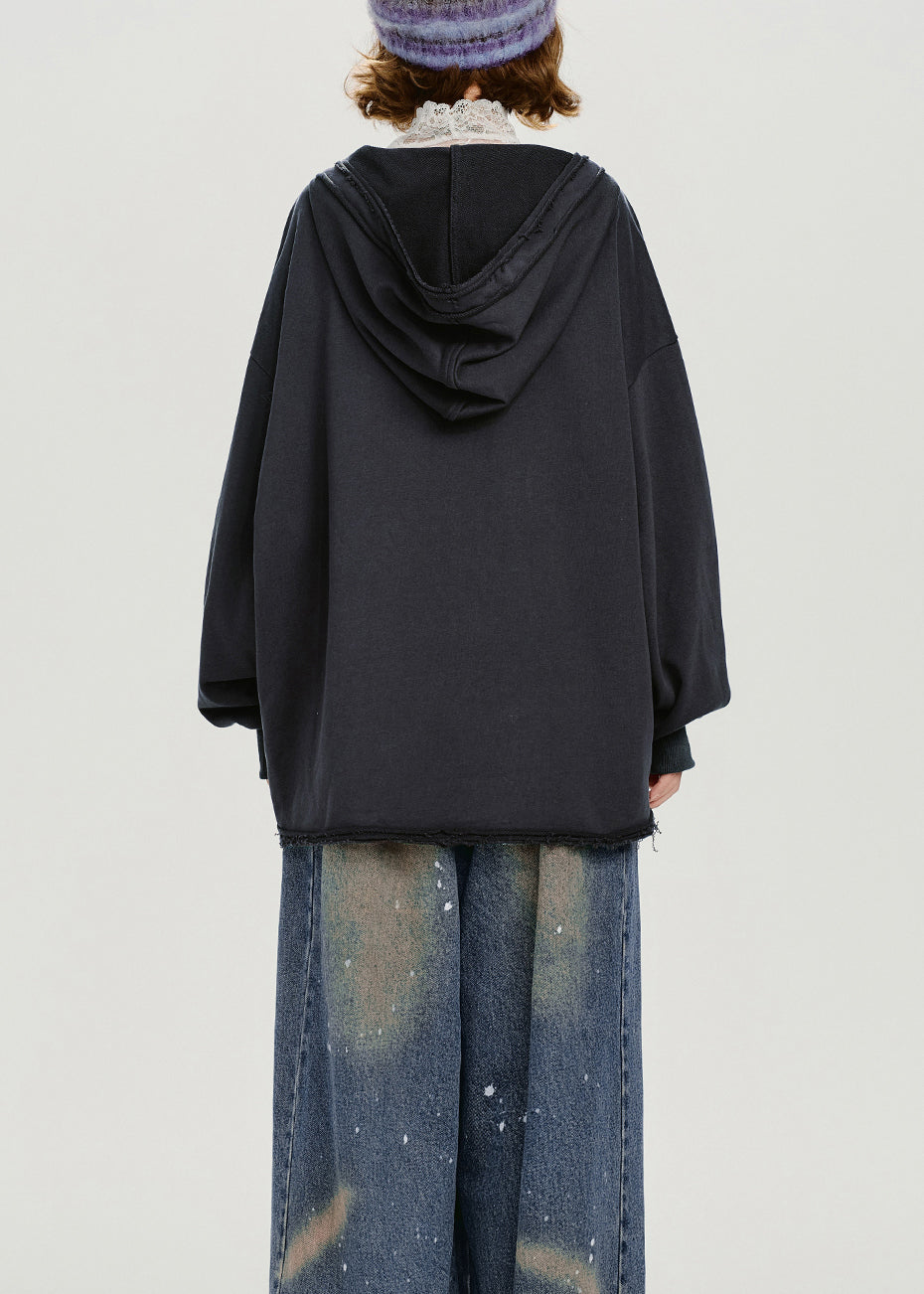 Women Dark Grey Hooded Print Cotton Pullover Sweatshirt Spring