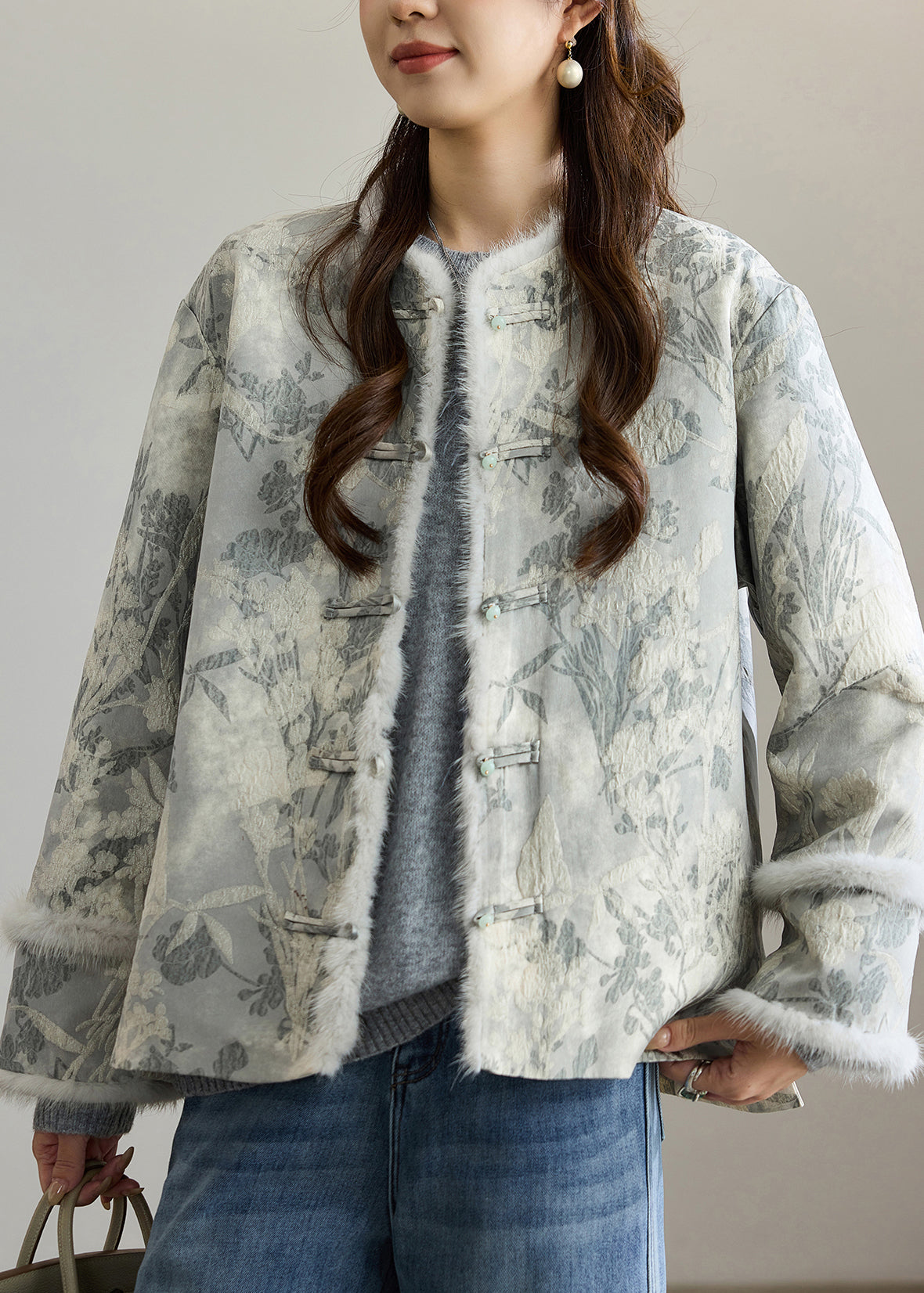 Women Dark Grey Jacquard Patchwork Faux Fur Cotton Oriental Coats Winter