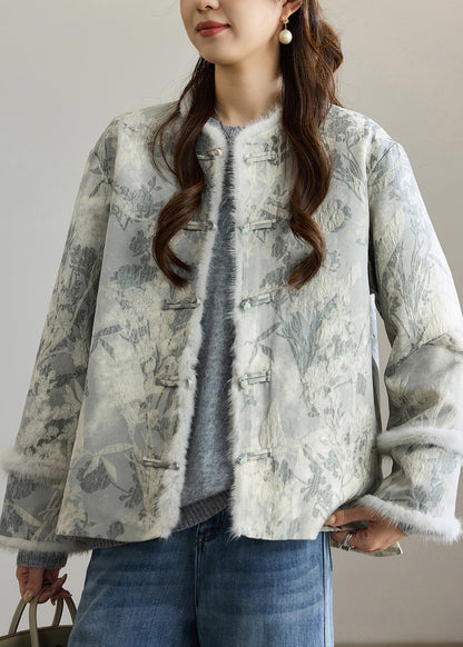 Women Dark Grey Jacquard Patchwork Faux Fur Cotton Oriental Coats Winter