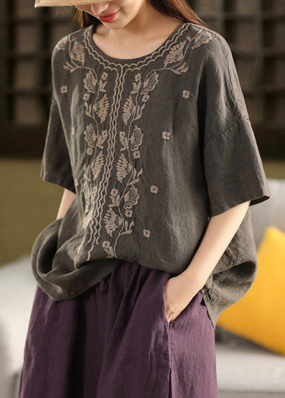 Women Dark Grey O Neck Embroidered Linen Blouses Summer