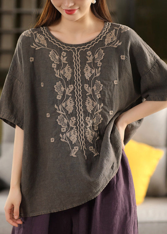 Women Dark Grey O Neck Embroidered Linen Blouses Summer