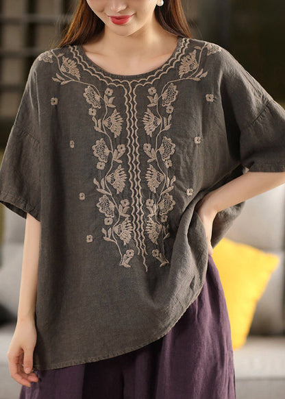 Women Dark Grey O Neck Embroidered Linen Blouses Summer