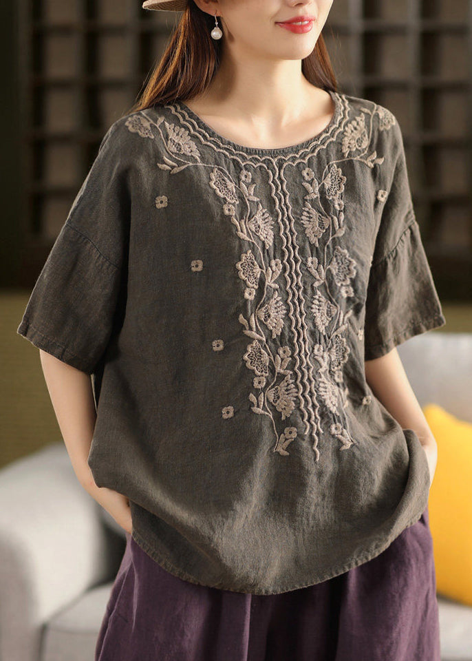 Women Dark Grey O Neck Embroidered Linen Blouses Summer