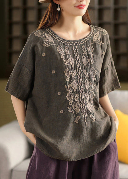 Women Dark Grey O Neck Embroidered Linen Blouses Summer