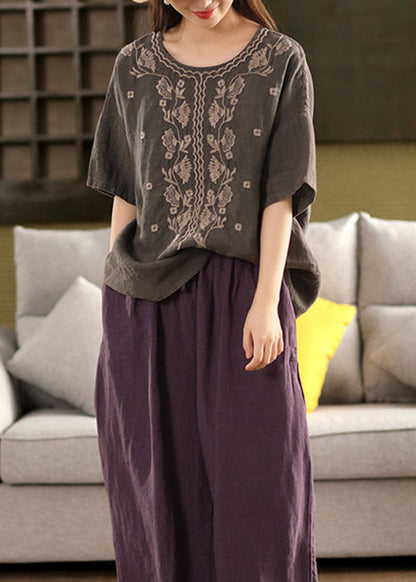 Women Dark Grey O Neck Embroidered Linen Blouses Summer