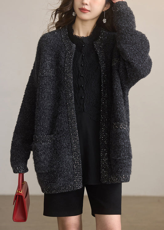 Damen-Winterstrickjacke aus Wolle mit Pailletten und Rundhalsausschnitt, dunkelgrau