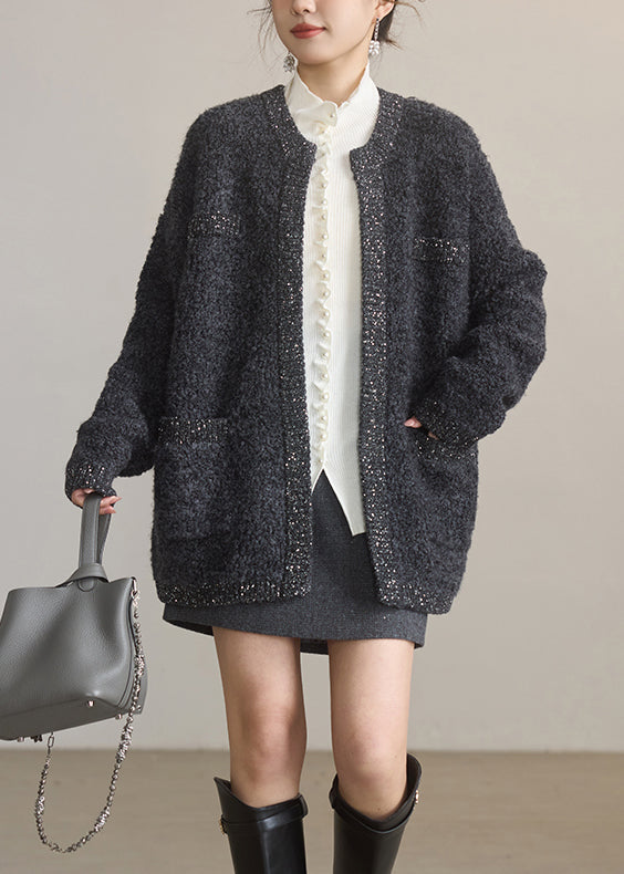 Women Dark Grey O Neck Sequins Woolen Cardigans Winter