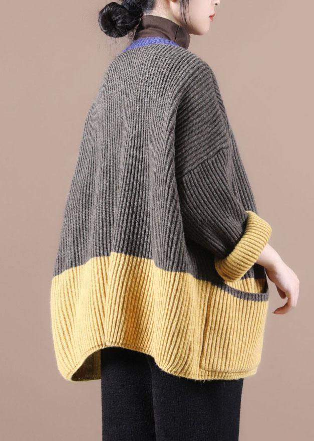 Women Dark Grey Pockets Colorblock Button Fall Sweater Jackets - SooLinen