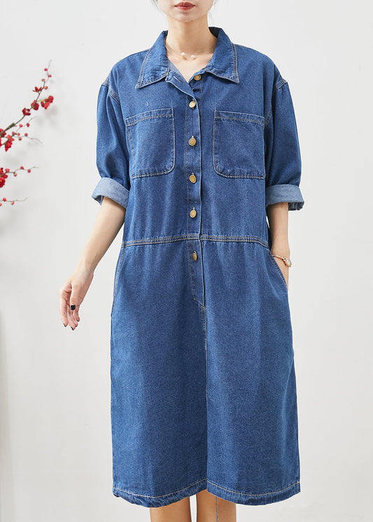 Damen Denim Blau Oversize Patchwork Baumwolle Mid Kleid Herbst