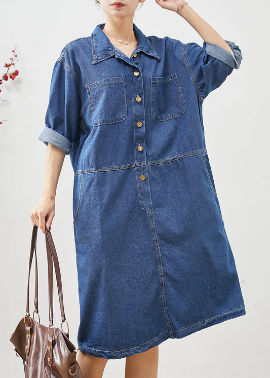 Damen Denim Blau Oversize Patchwork Baumwolle Mid Kleid Herbst