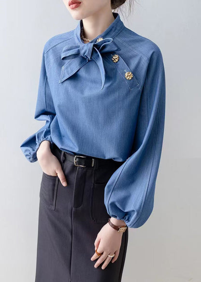 Women Denim Blue Stand Collar Bow Blouses Spring