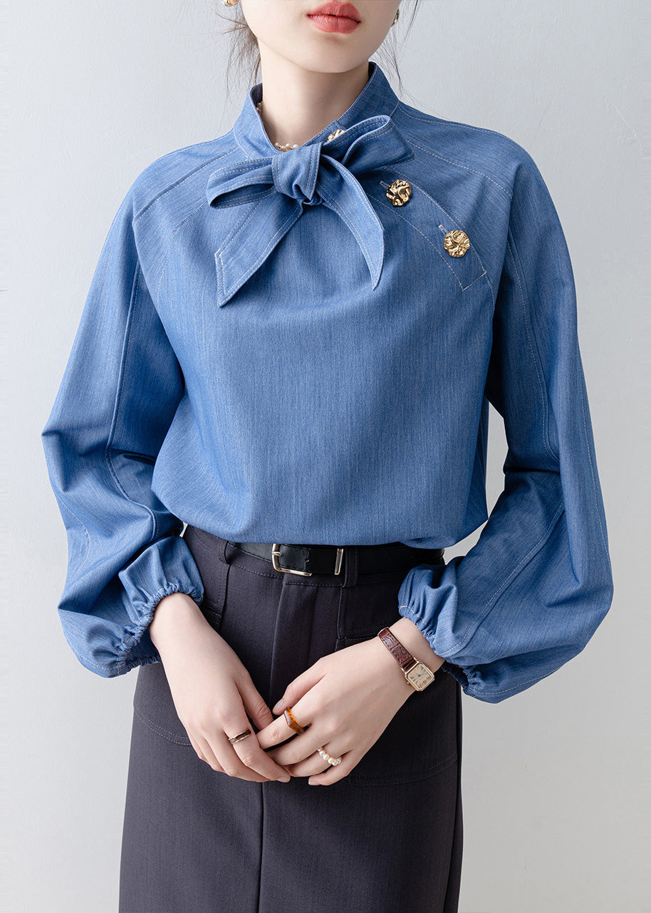 Women Denim Blue Stand Collar Bow Blouses Spring