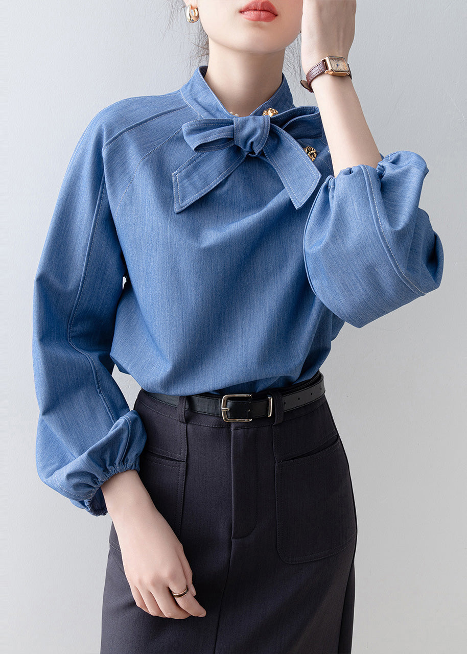Women Denim Blue Stand Collar Bow Blouses Spring
