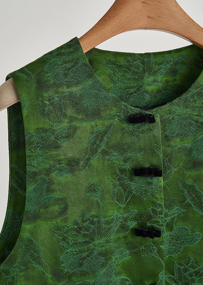 Women Dull Green Jacquard Patchwork Silk Velvet Vest Fall