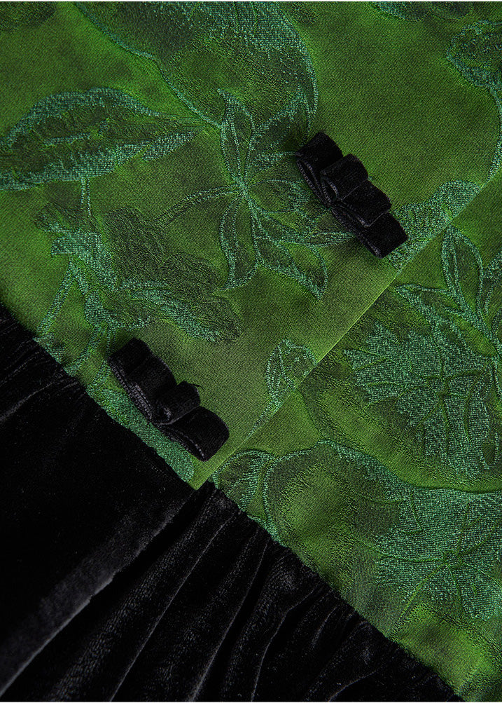 Women Dull Green Jacquard Patchwork Silk Velvet Vest Fall