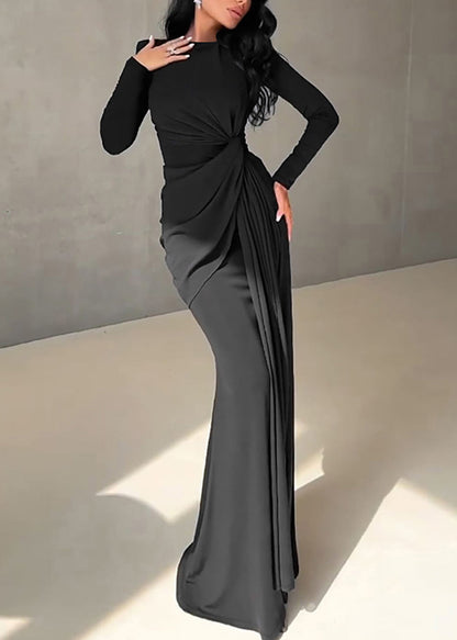 Women Elegant Pink Slim Fit Silk Maxi Dresses Long Sleeve