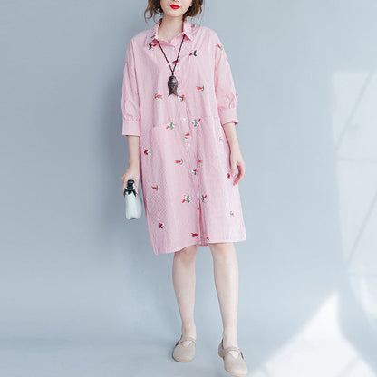 Damenmode Bestickte Blusen Lange Gestreifte Tops T-Shirts Lässige Lose Tuniken