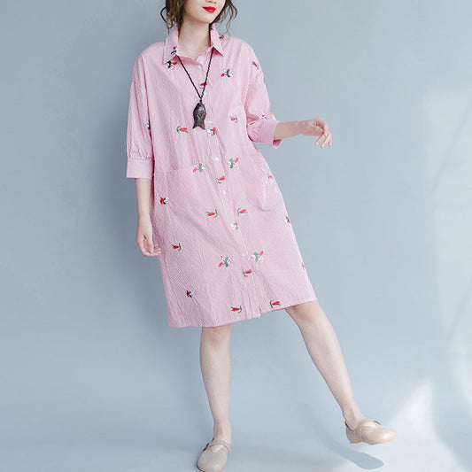 Damenmode Bestickte Blusen Lange Gestreifte Tops T-Shirts Lässige Lose Tuniken