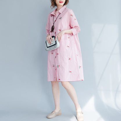 Damenmode Bestickte Blusen Lange Gestreifte Tops T-Shirts Lässige Lose Tuniken