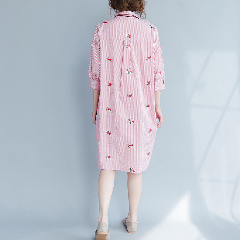 Damenmode Bestickte Blusen Lange Gestreifte Tops T-Shirts Lässige Lose Tuniken