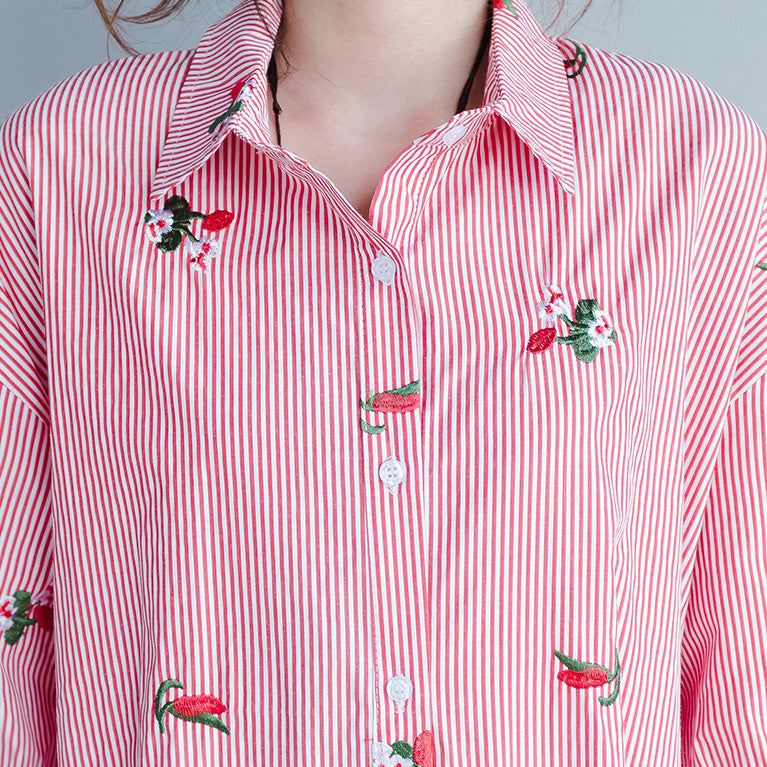 Damenmode Bestickte Blusen Lange Gestreifte Tops T-Shirts Lässige Lose Tuniken