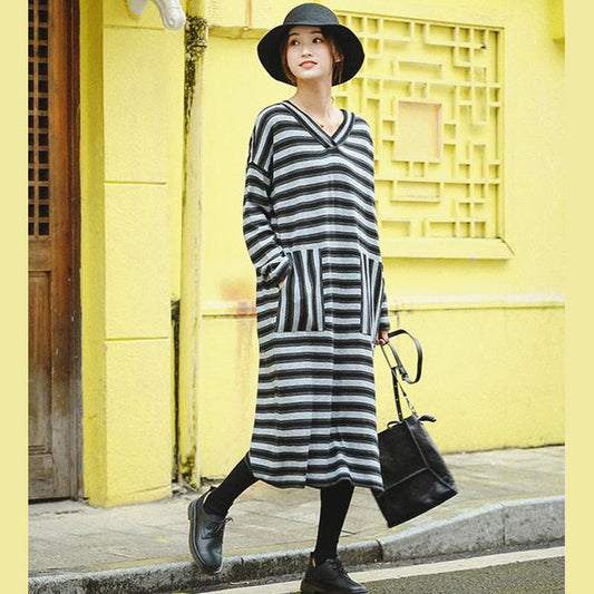 Damenmode Grau Gestreifte Lose Pullover Kleider Für Den Winter
