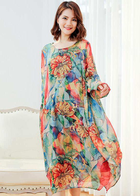 Damen Floral Loose Polyester Split Vintage Midikleid