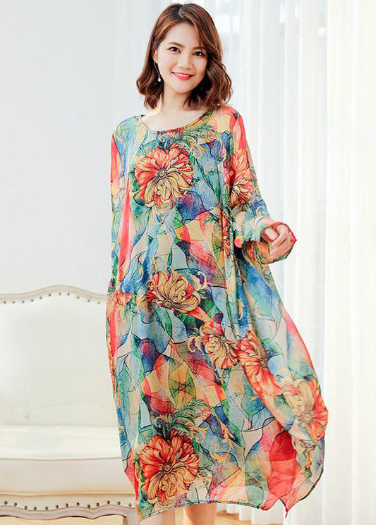 Damen Floral Loose Polyester Split Vintage Midikleid