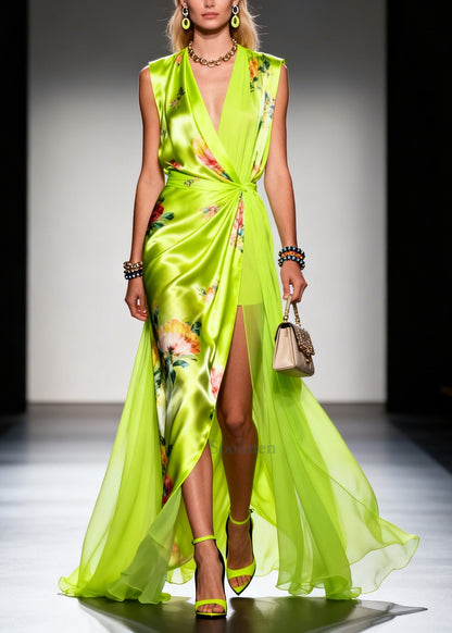 Women Fluorescent Green Exra Large Hem Side Open Chiffon Robe Dresses Summer