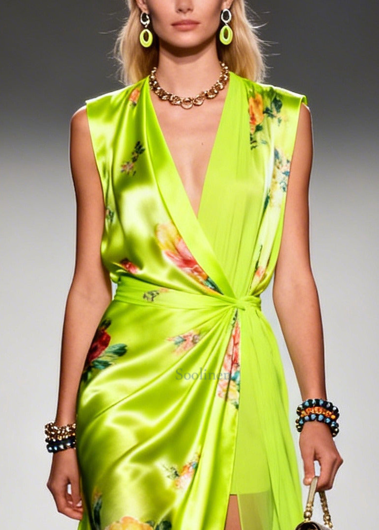 Women Fluorescent Green Exra Large Hem Side Open Chiffon Robe Dresses Summer