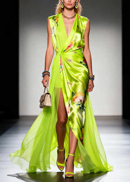 Women Fluorescent Green Exra Large Hem Side Open Chiffon Robe Dresses Summer