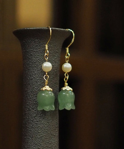 Pendientes colgantes de orquídea, campana y perla de jade en oro de 14 quilates y plata de ley para mujer