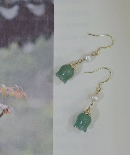 Pendientes colgantes de orquídea, campana y perla de jade en oro de 14 quilates y plata de ley para mujer