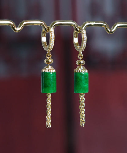 Pendientes colgantes con borlas de jade con incrustaciones de plata de ley y oro para mujer